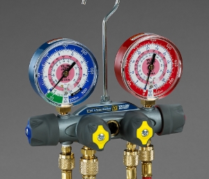 Test & Charging Manifold, 4-Valve TITAN 3-1/8" Gauges for R-32, R454B, R410A