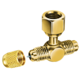 Access Valve, 1/4" Female SAE Swivel Tee w/ Depressor, Nut on Branch