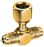 Access Valve, 1/4" Female SAE Swivel Tee w/ Depressor, Nut on Branch