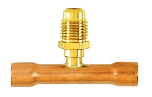 Tee, 1/4″ M Flare access on 5/16″ copper tube swaged ends